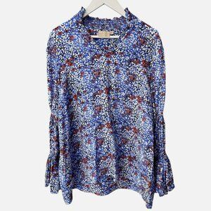Rungolee Blue Red Smocked Flare Sleeve Silk Flowy Blouse Women's size XL